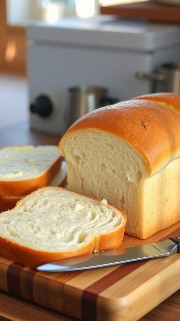 A golden brown loaf of soft milk sandwich bread on a cutting board, sliced to show its fluffy texture.